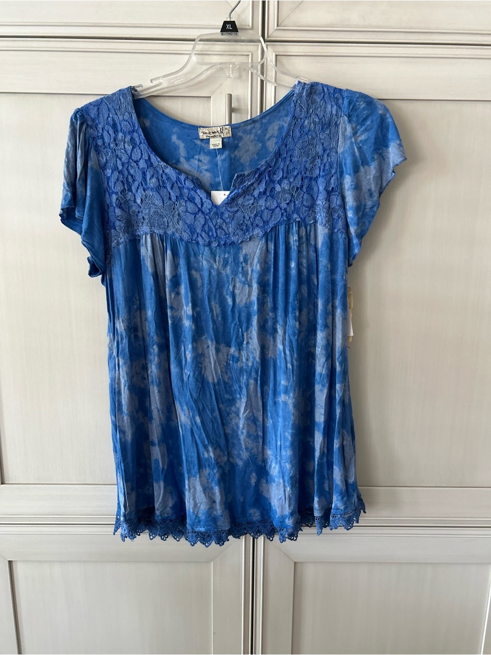 ONE WORLD Blue Tie-Dye Lace Yoke Top